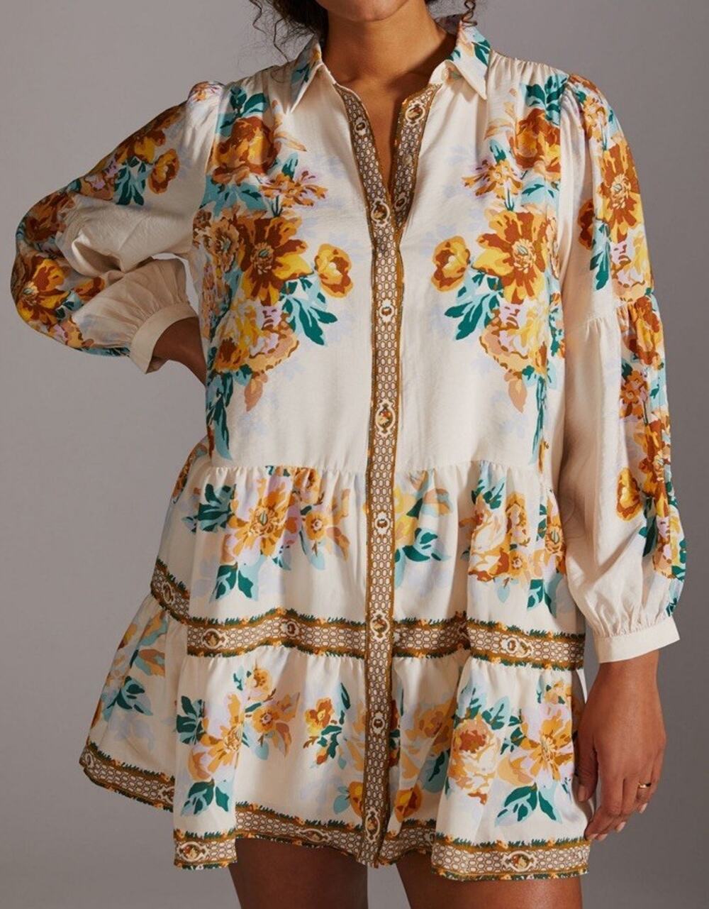 Anthropologie Stunning Panel Print Mini Shirt Dress Long Sleeve Floral Sz Large